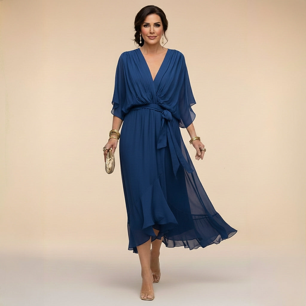 Damska sukienka midi z dekoltem w serek i wiązaniem w talii-Midi Dress-Olave