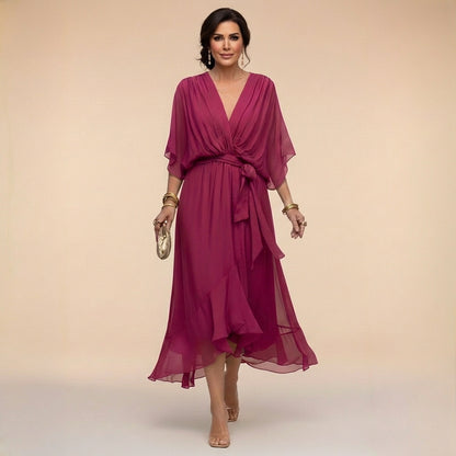 Damska sukienka midi z dekoltem w serek i wiązaniem w talii-Midi Dress-Olave