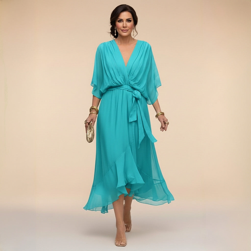Damska sukienka midi z dekoltem w serek i wiązaniem w talii-Midi Dress-Olave