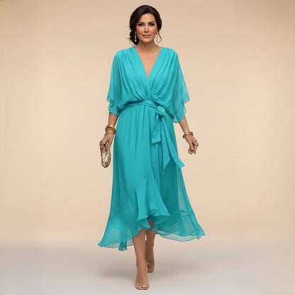 Damska sukienka midi z dekoltem w serek i wiązaniem w talii-Midi Dress-Olave