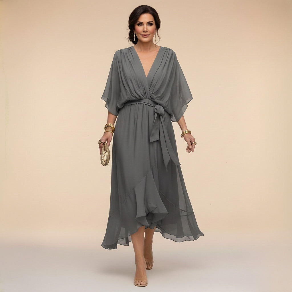 Damska sukienka midi z dekoltem w serek i wiązaniem w talii-Midi Dress-Olave