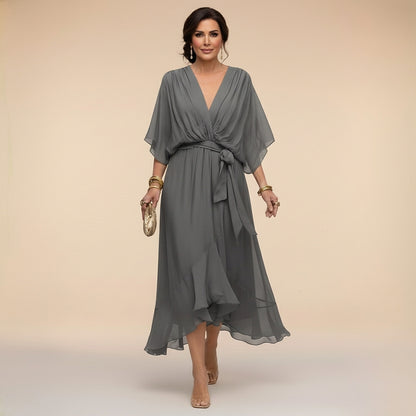 Damska sukienka midi z dekoltem w serek i wiązaniem w talii-Midi Dress-Olave