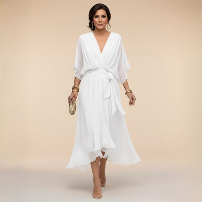 Damska sukienka midi z dekoltem w serek i wiązaniem w talii-Midi Dress-Olave