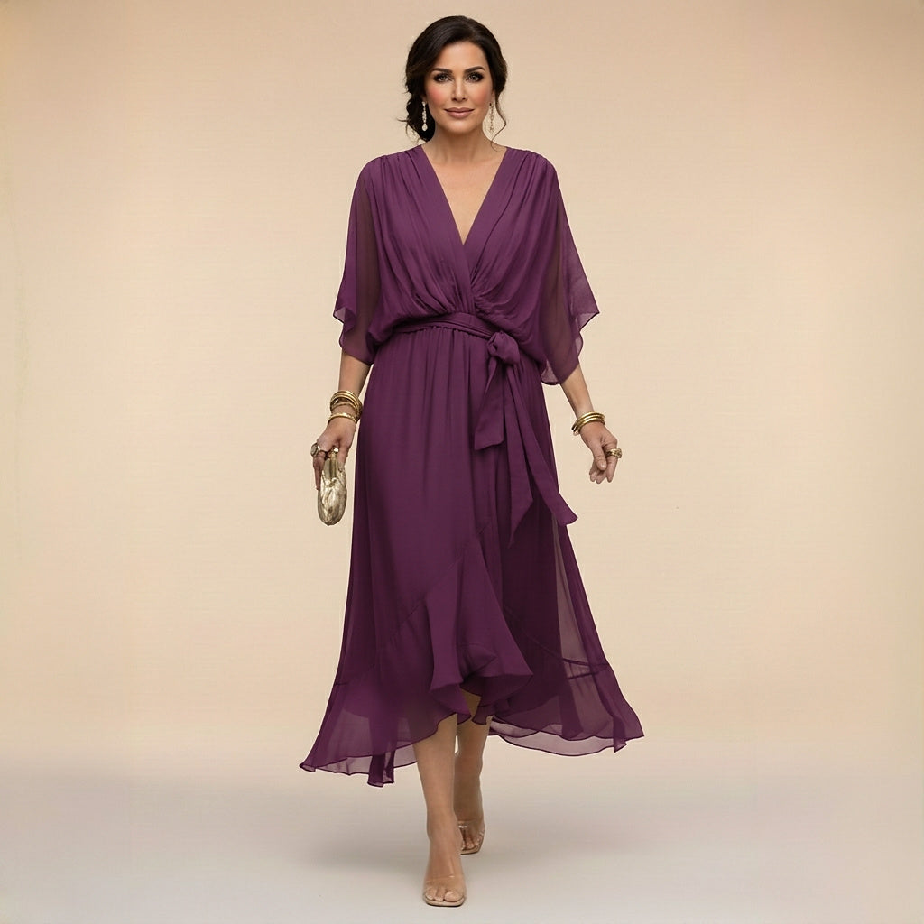 Damska sukienka midi z dekoltem w serek i wiązaniem w talii-Midi Dress-Olave
