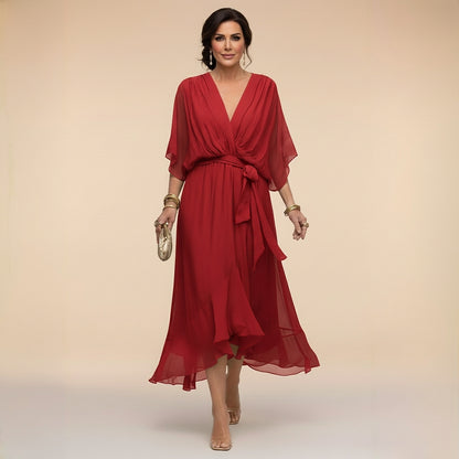 Damska sukienka midi z dekoltem w serek i wiązaniem w talii-Midi Dress-Olave