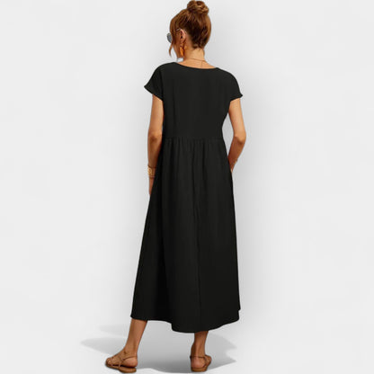 Damska sukienka midi z krótkim rękawem i kieszeniami bocznymi-Midi Dress-Olave