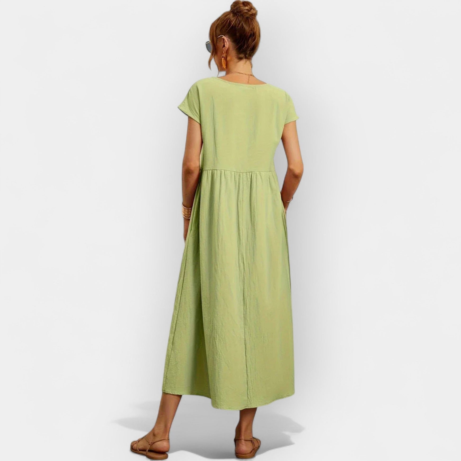 Damska sukienka midi z krótkim rękawem i kieszeniami bocznymi-Midi Dress-Olave