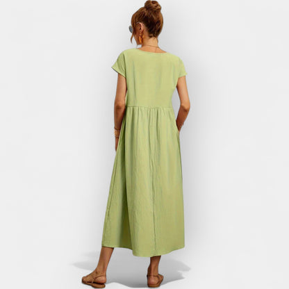 Damska sukienka midi z krótkim rękawem i kieszeniami bocznymi-Midi Dress-Olave