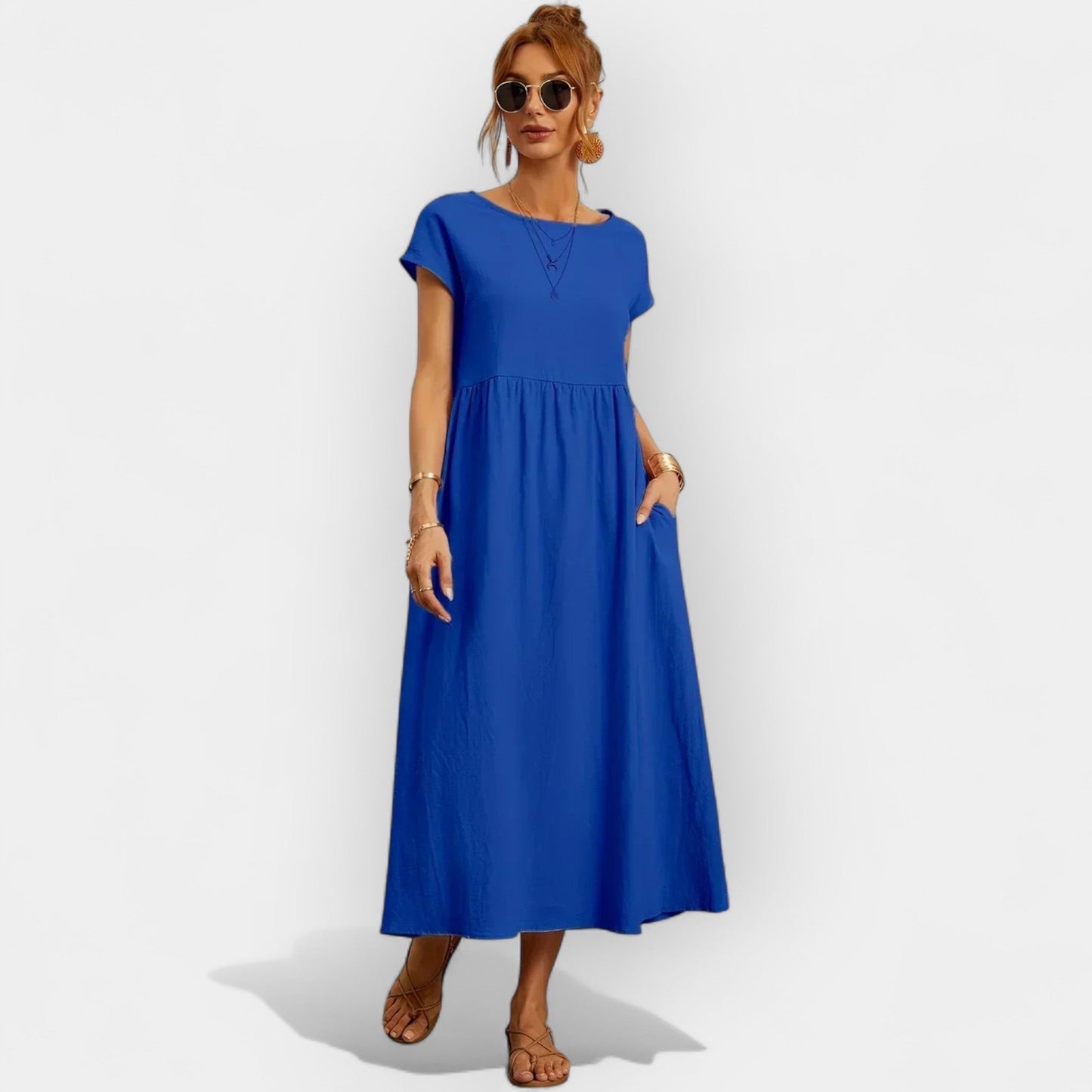 Damska sukienka midi z krótkim rękawem i kieszeniami bocznymi-Midi Dress-Olave