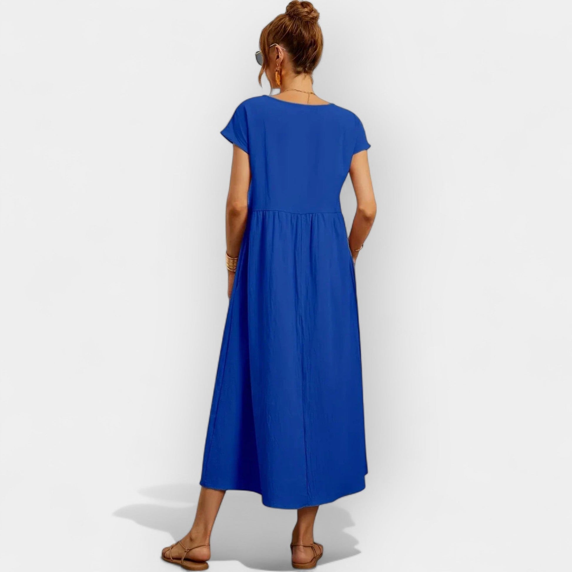 Damska sukienka midi z krótkim rękawem i kieszeniami bocznymi-Midi Dress-Olave