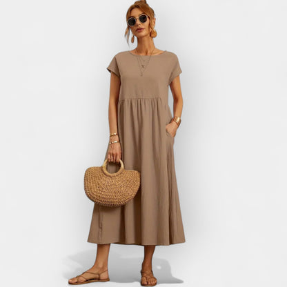Damska sukienka midi z krótkim rękawem i kieszeniami bocznymi-Midi Dress-Olave