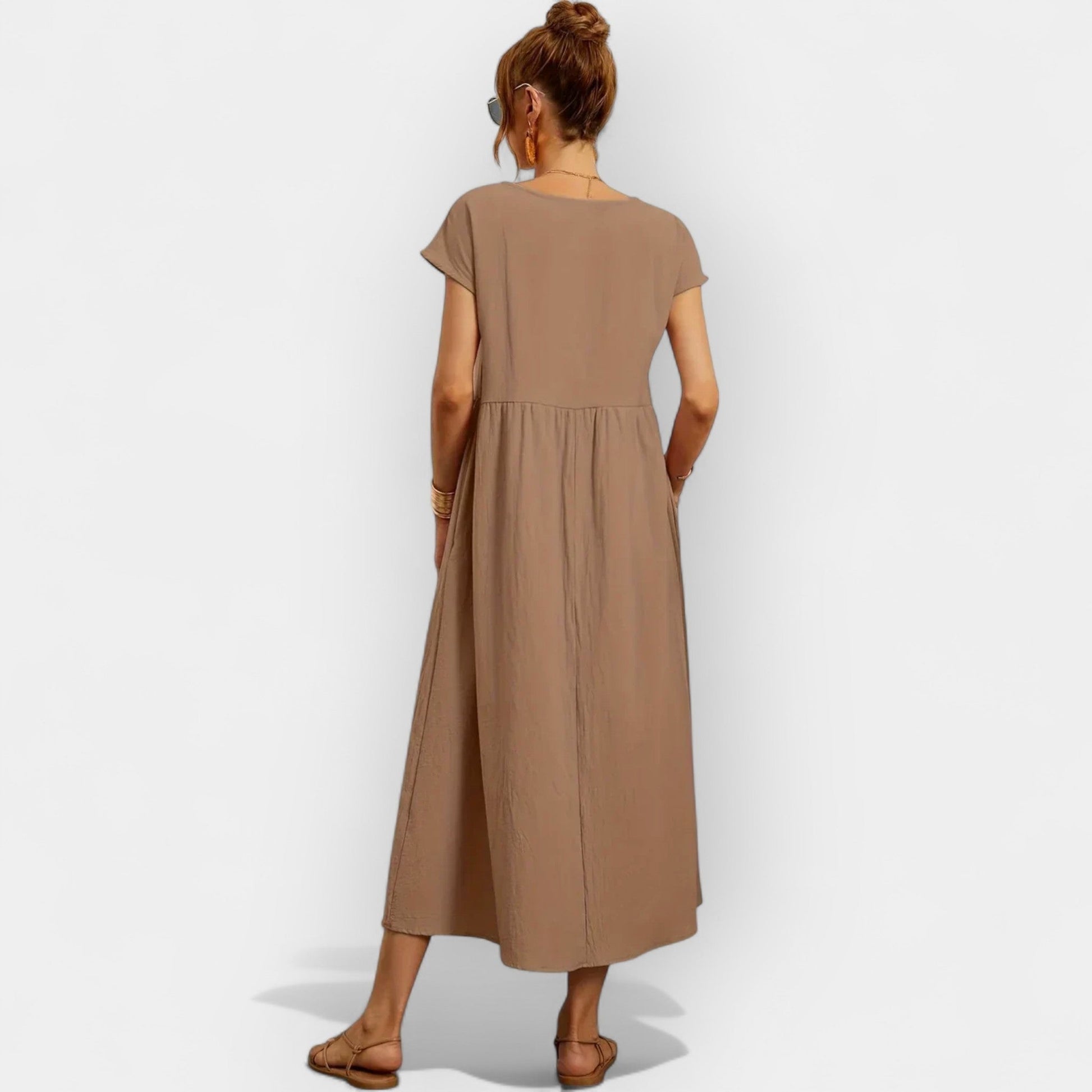 Damska sukienka midi z krótkim rękawem i kieszeniami bocznymi-Midi Dress-Olave