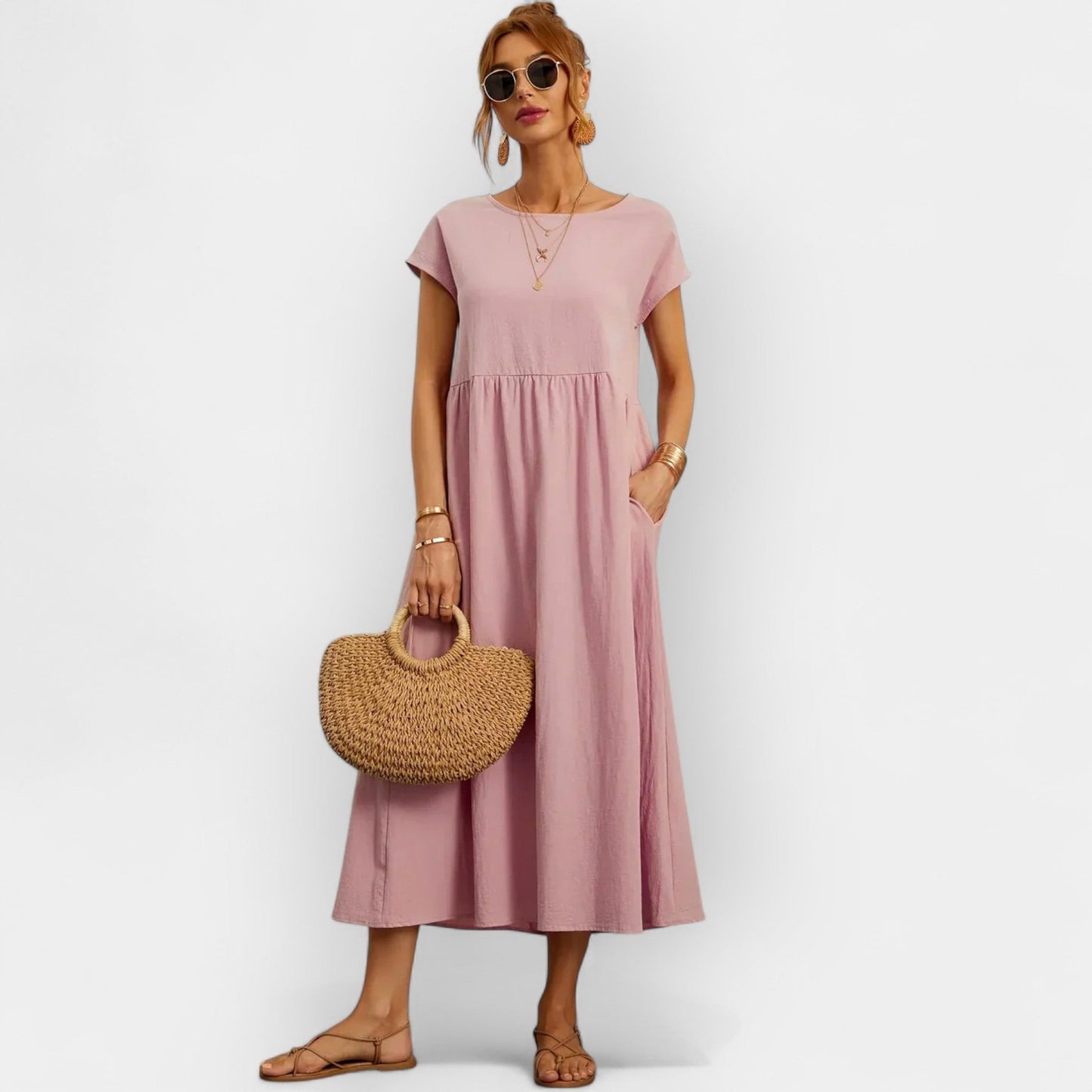 Damska sukienka midi z krótkim rękawem i kieszeniami bocznymi-Midi Dress-Olave