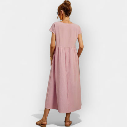 Damska sukienka midi z krótkim rękawem i kieszeniami bocznymi-Midi Dress-Olave