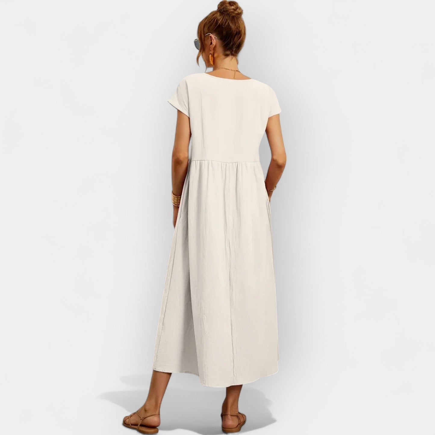 Damska sukienka midi z krótkim rękawem i kieszeniami bocznymi-Midi Dress-Olave