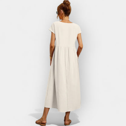 Damska sukienka midi z krótkim rękawem i kieszeniami bocznymi-Midi Dress-Olave