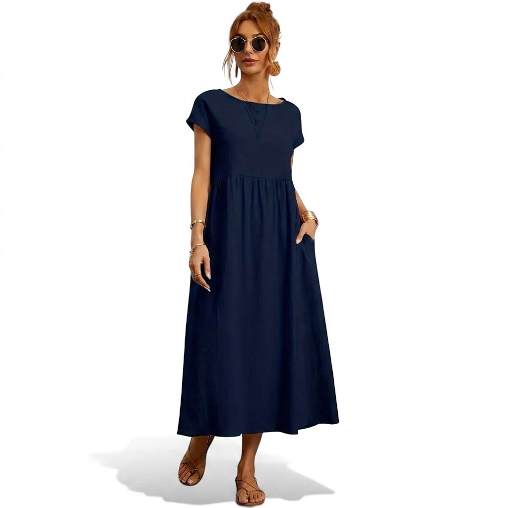Damska sukienka midi z krótkim rękawem i kieszeniami bocznymi-Midi Dress-Olave