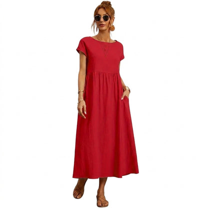Damska sukienka midi z krótkim rękawem i kieszeniami bocznymi-Midi Dress-Olave