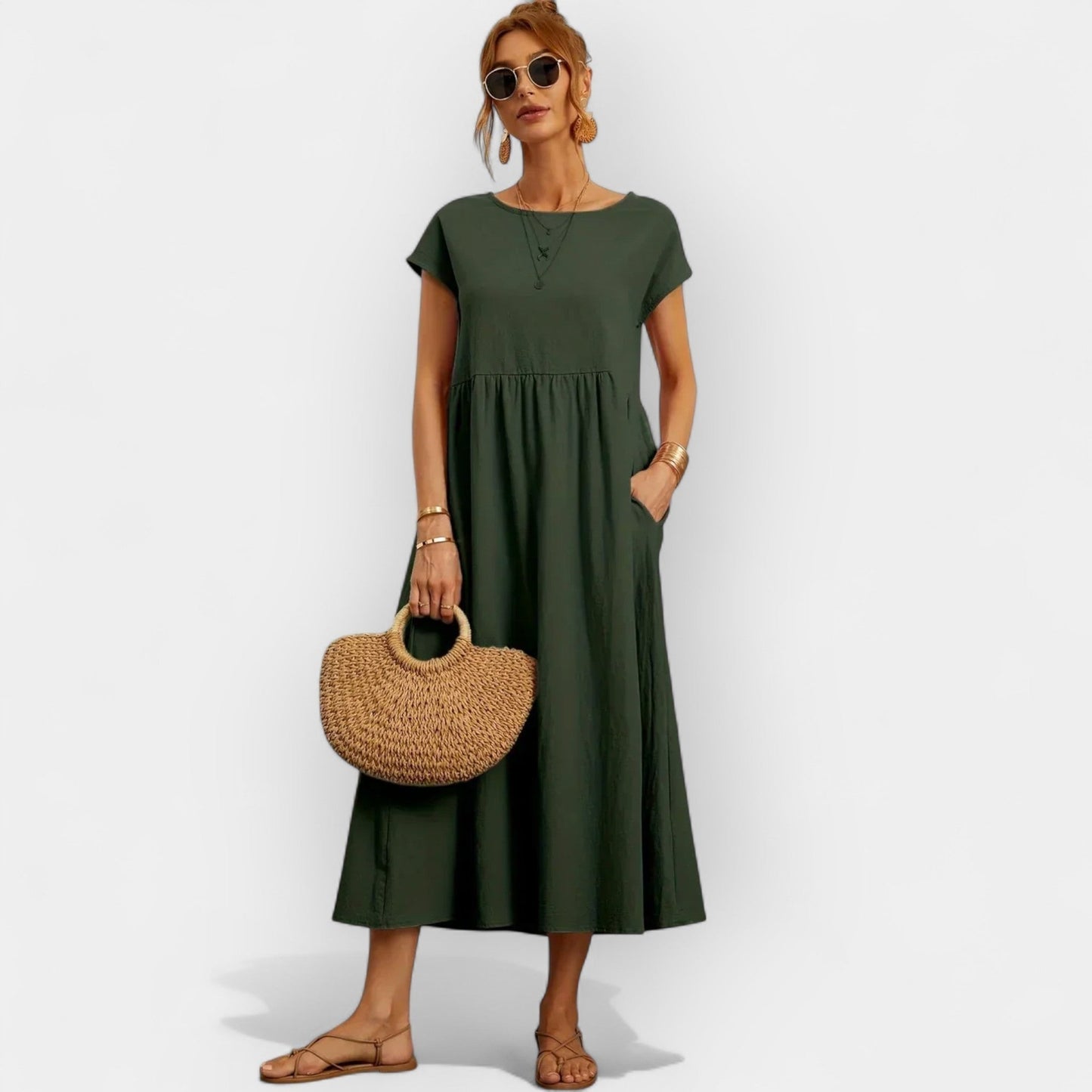 Damska sukienka midi z krótkim rękawem i kieszeniami bocznymi-Midi Dress-Olave
