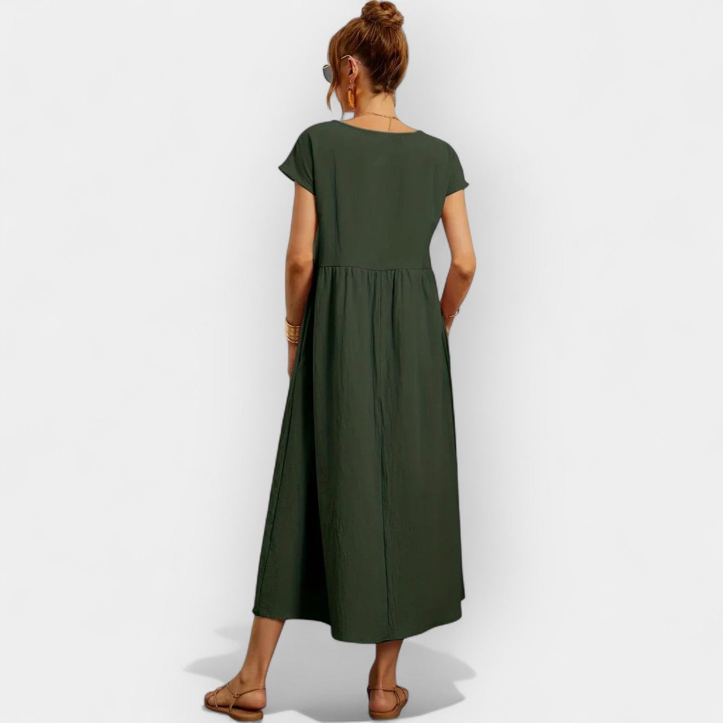 Damska sukienka midi z krótkim rękawem i kieszeniami bocznymi-Midi Dress-Olave