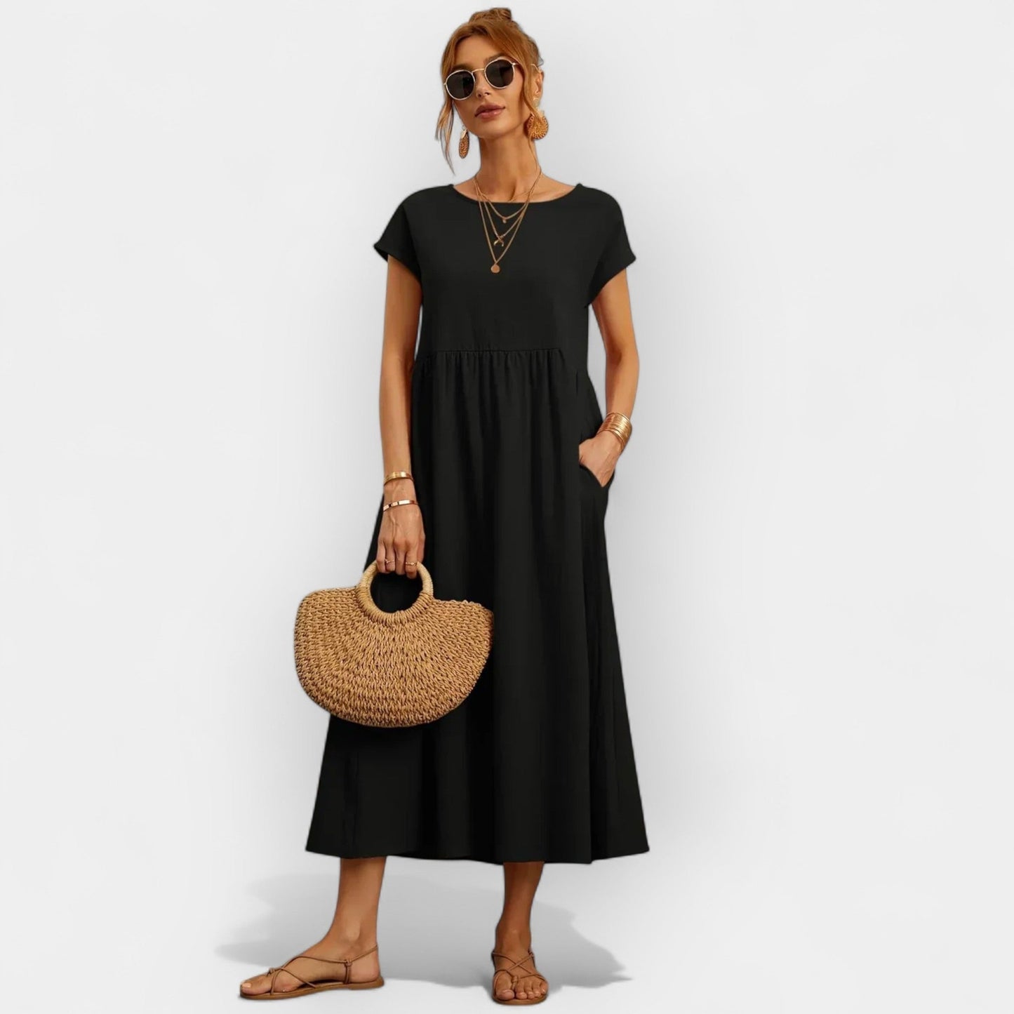 Damska sukienka midi z krótkim rękawem i kieszeniami bocznymi-Midi Dress-Olave