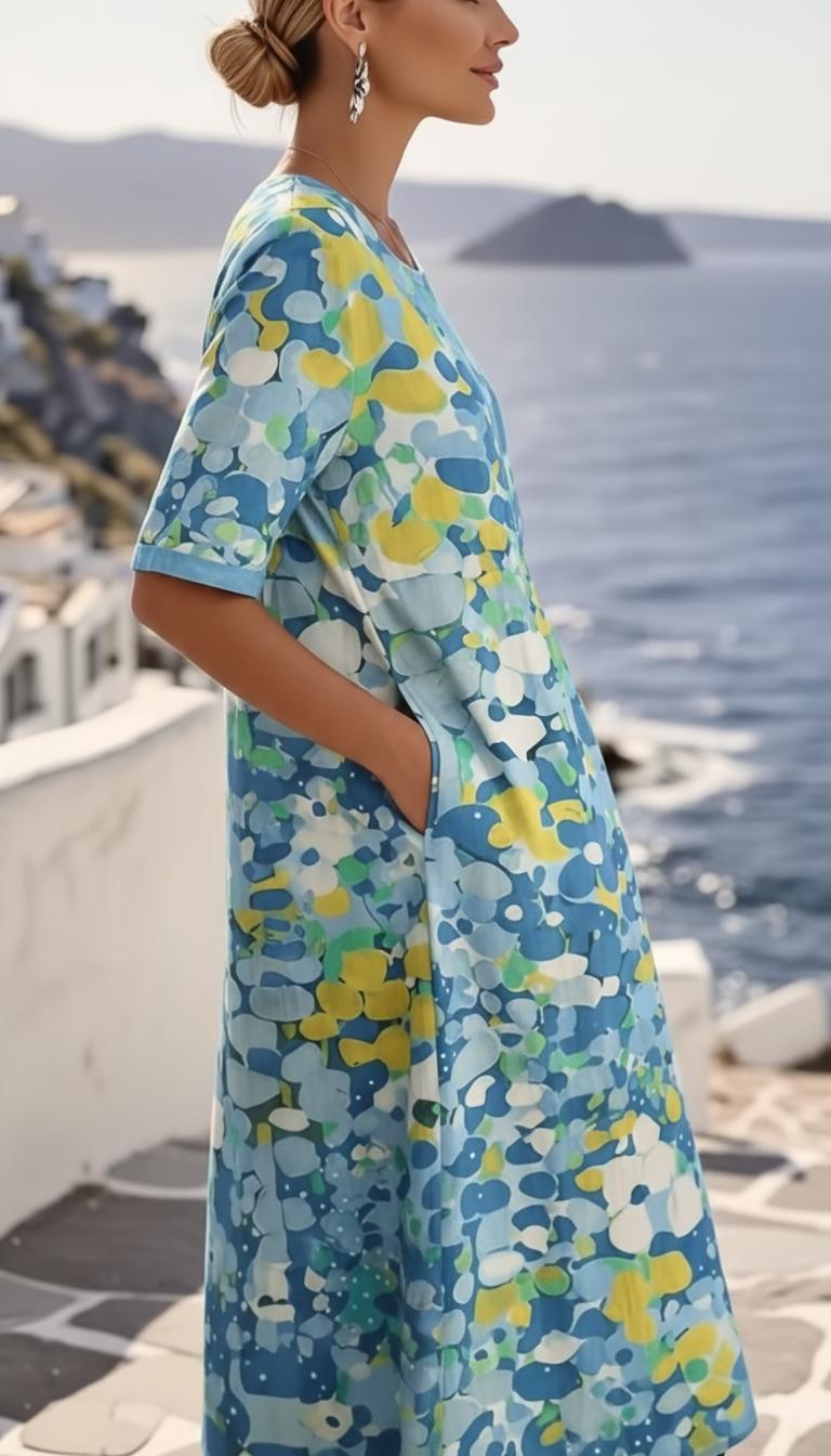 Damska sukienka midi z krótkim rękawem w abstrakcyjny wzór-Midi Dress-Olave