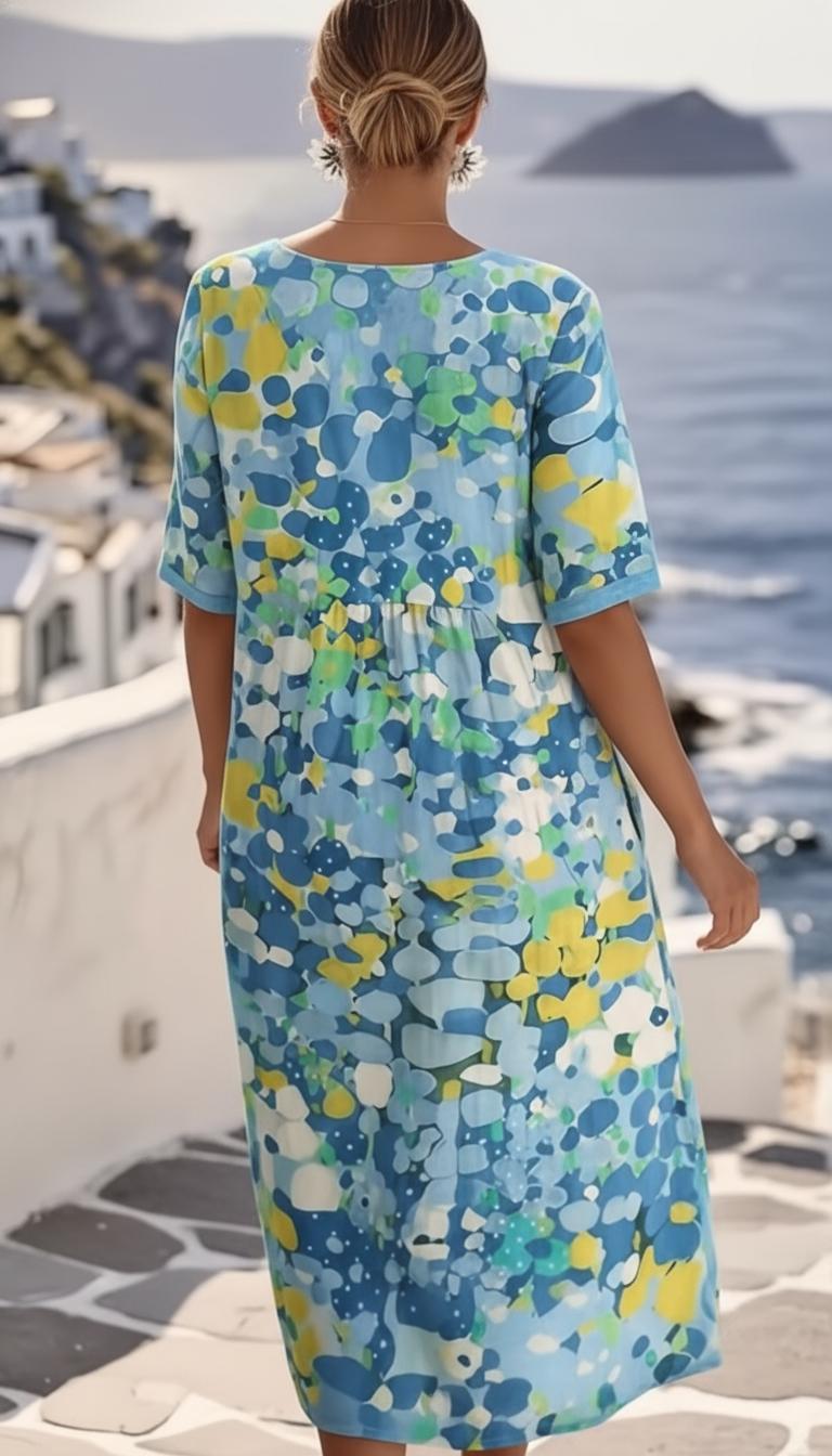 Damska sukienka midi z krótkim rękawem w abstrakcyjny wzór-Midi Dress-Olave