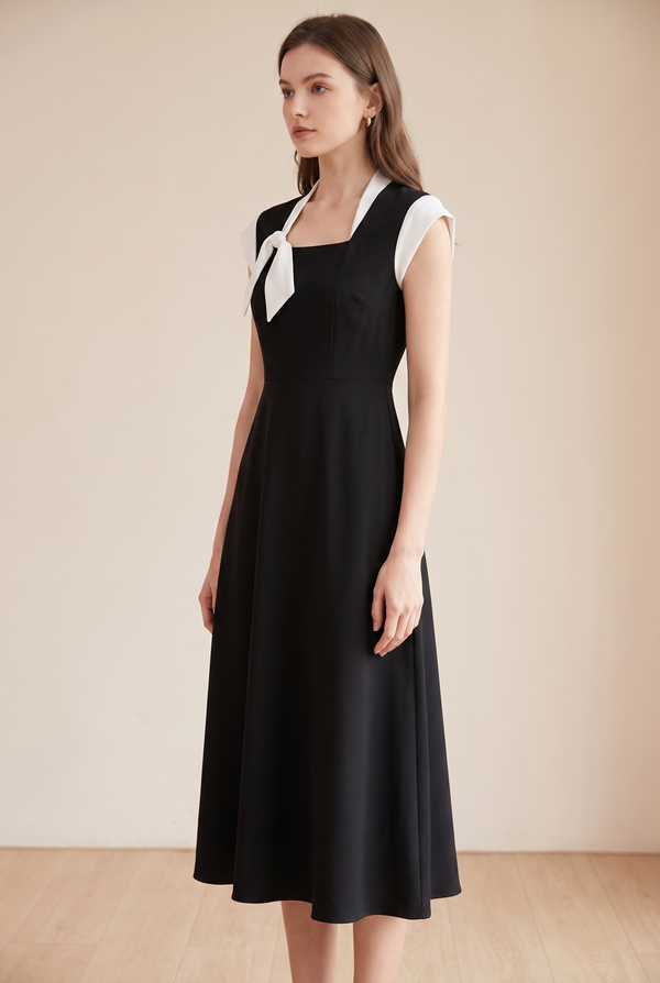 Damska sukienka midi z kwadratowym dekoltem i kontrastową kokardą-Midi Dress-Olave