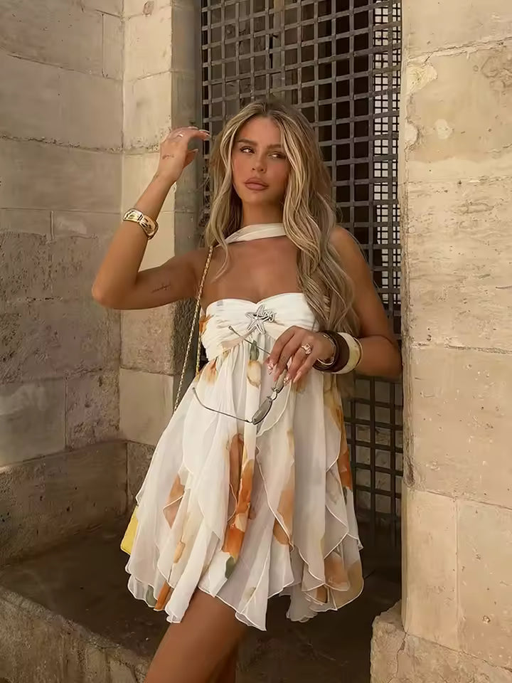Damska sukienka mini bez ramiączek w kwiaty-Mini Dress-Olave