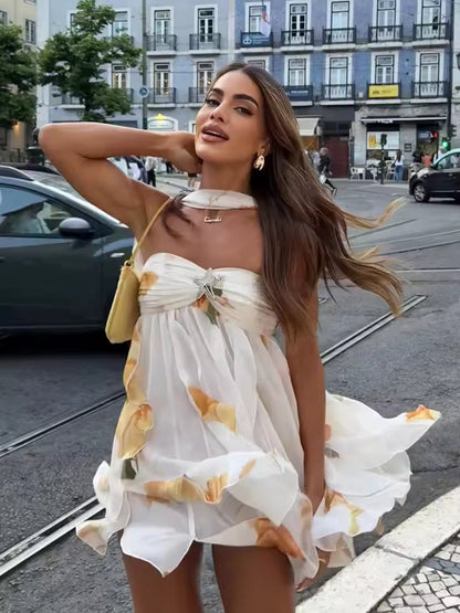 Damska sukienka mini bez ramiączek w kwiaty-Mini Dress-Olave