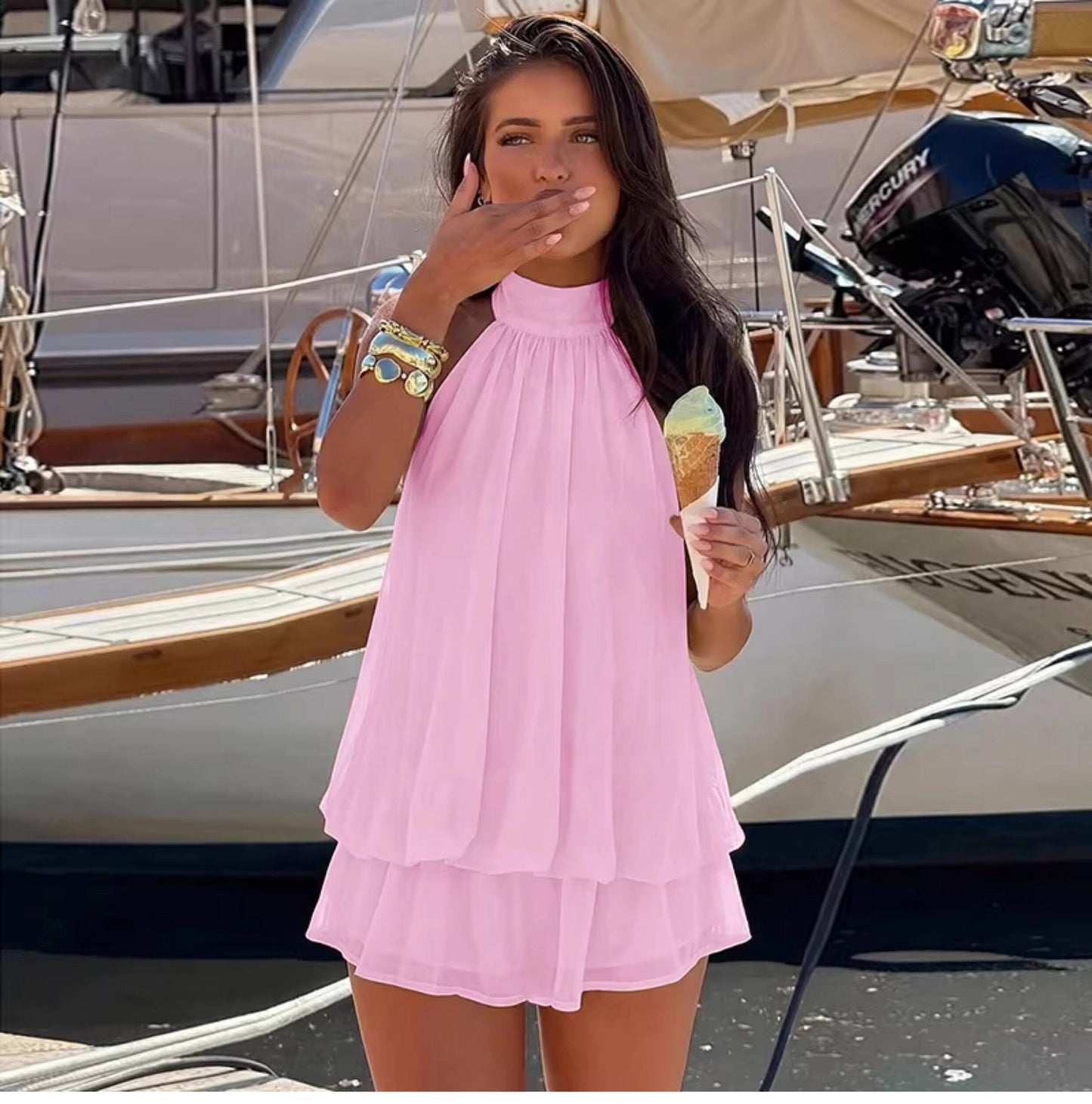 Damska sukienka mini bez rękawów z dekoltem typu halter-Mini Dress-Olave