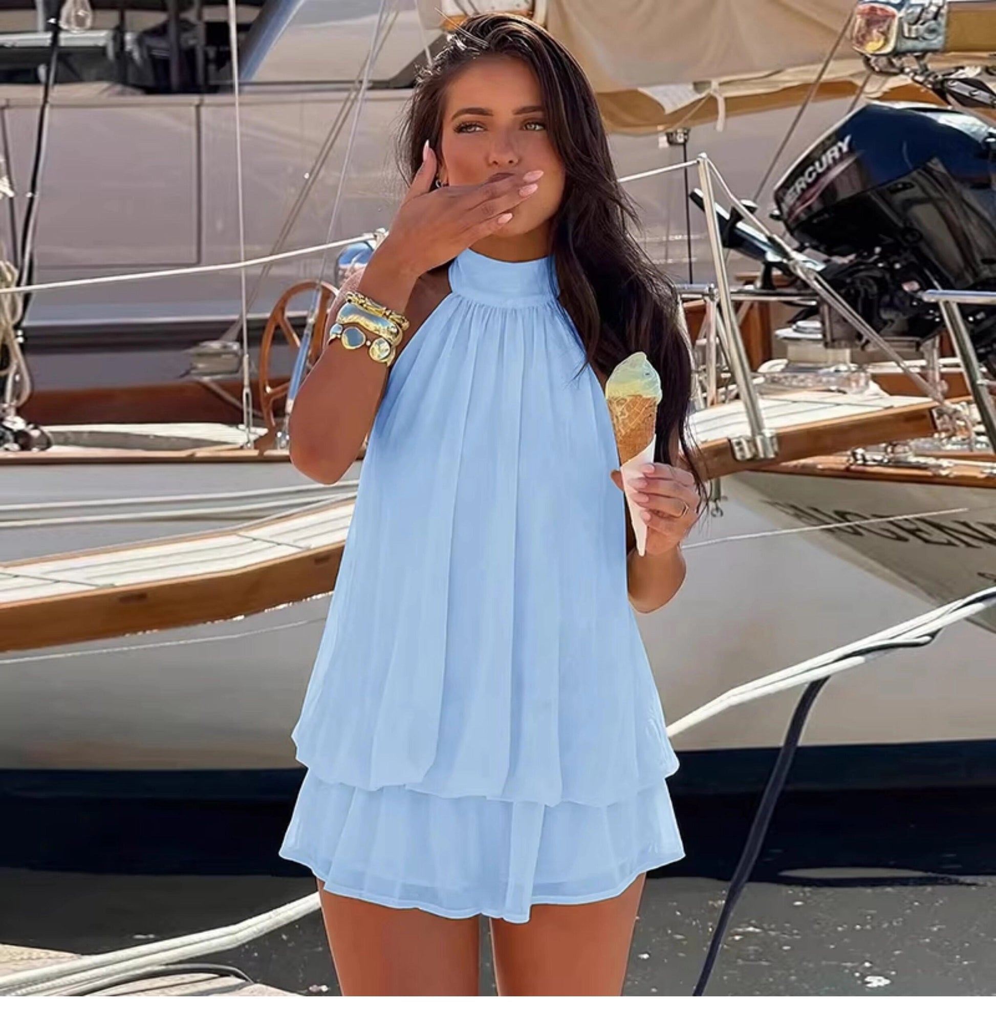 Damska sukienka mini bez rękawów z dekoltem typu halter-Mini Dress-Olave