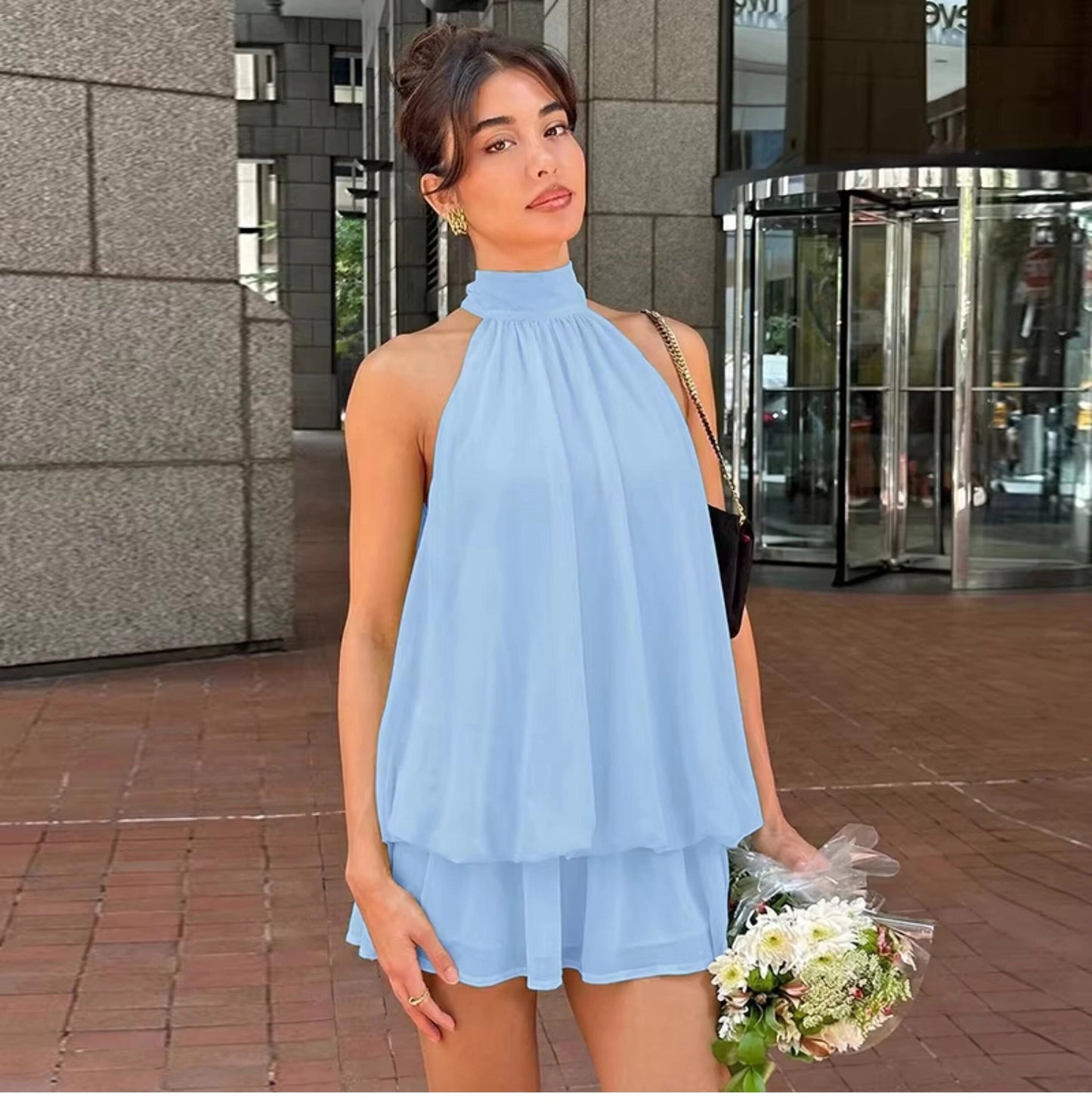 Damska sukienka mini bez rękawów z dekoltem typu halter-Mini Dress-Olave