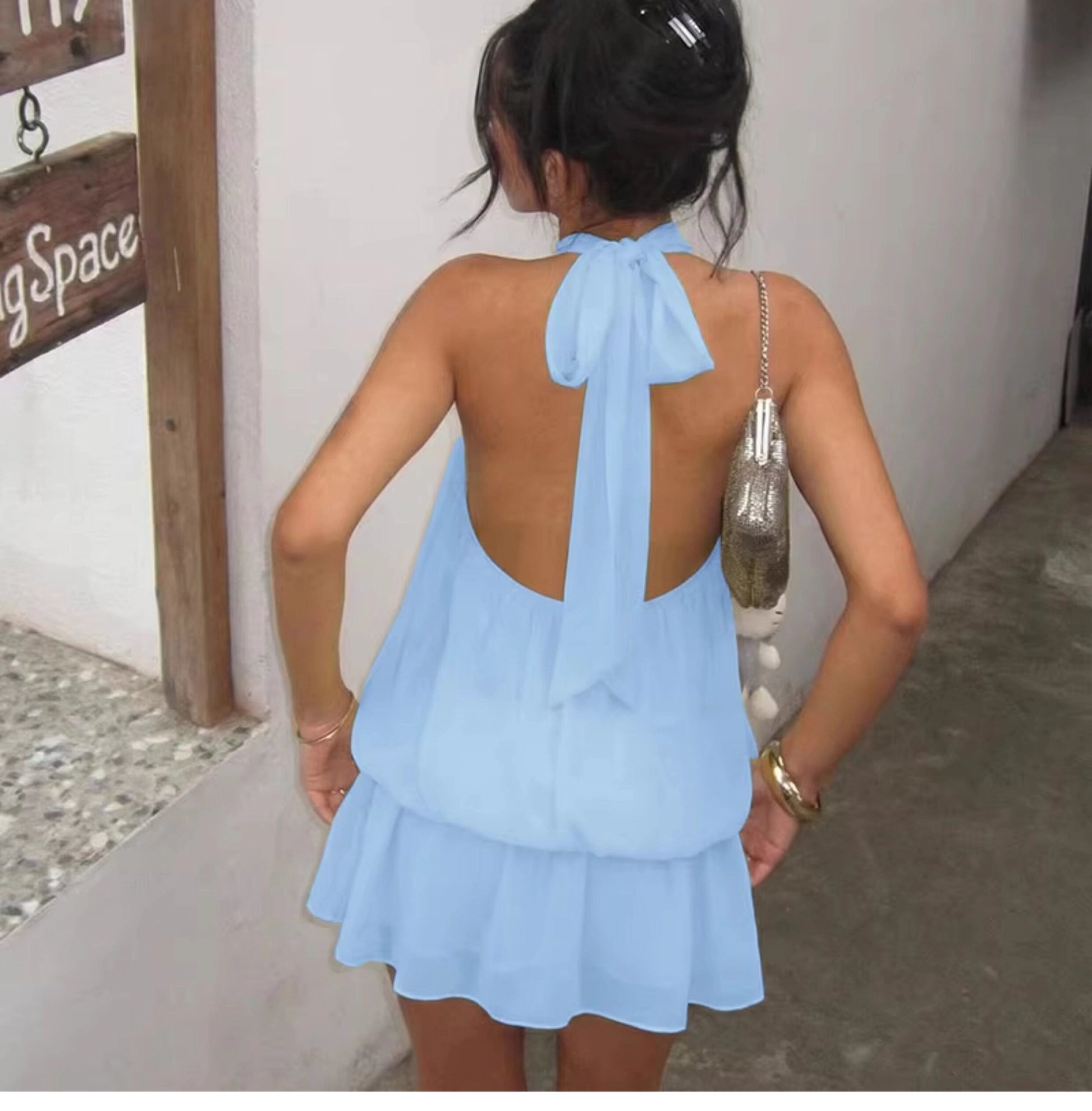 Damska sukienka mini bez rękawów z dekoltem typu halter-Mini Dress-Olave