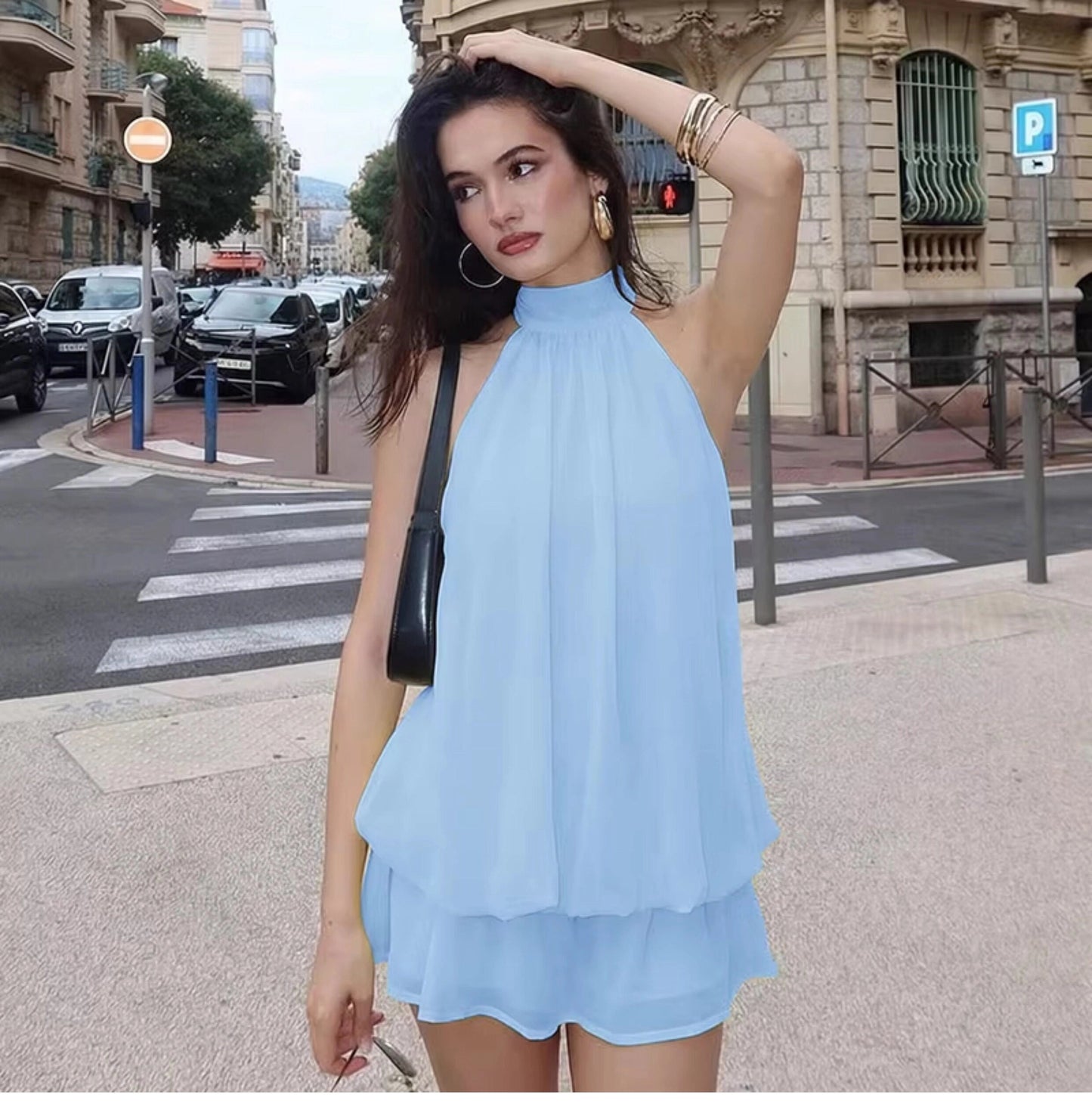 Damska sukienka mini bez rękawów z dekoltem typu halter-Mini Dress-Olave