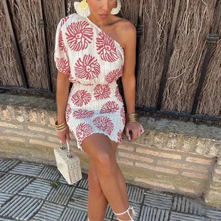 Damska sukienka mini na jedno ramię z marszczeniem-Mini Dress-Olave