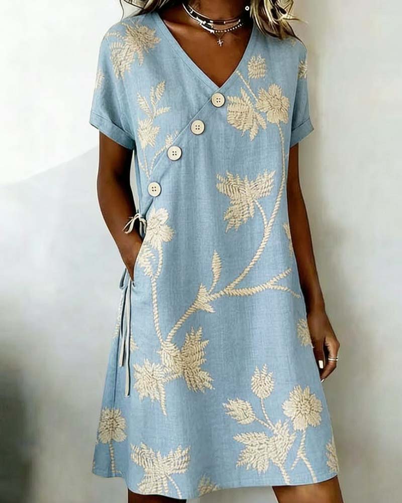 Damska sukienka mini o kroju shift w kwiaty z ozdobnymi guzikami-Mini Dress-Olave