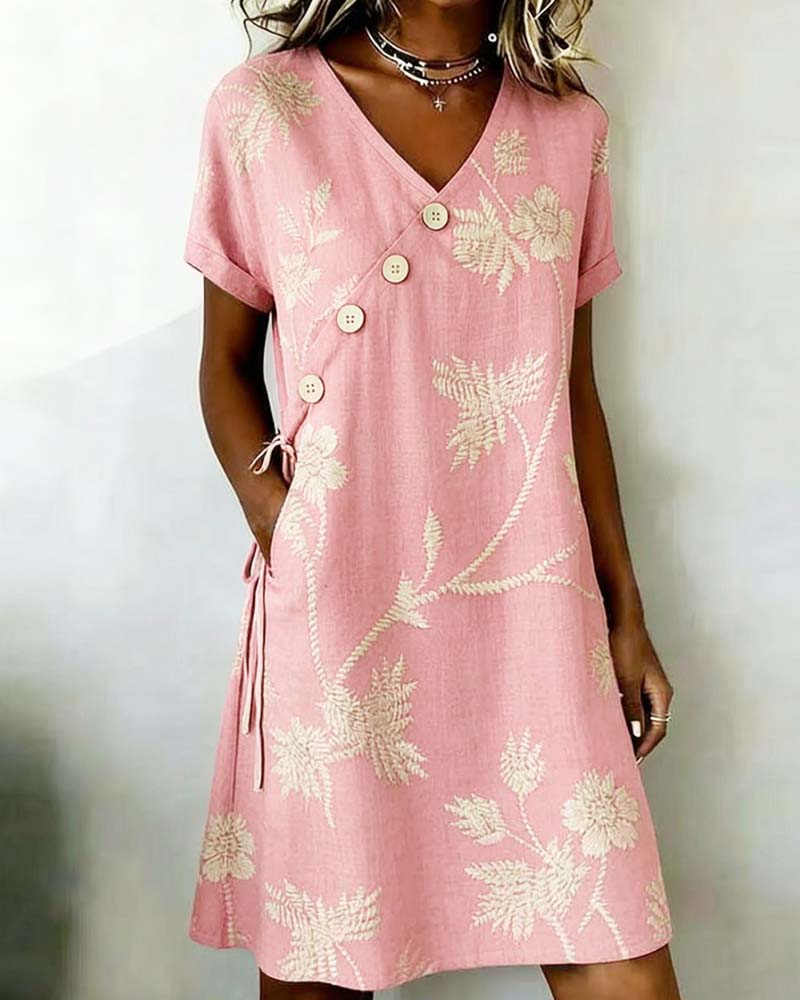 Damska sukienka mini o kroju shift w kwiaty z ozdobnymi guzikami-Mini Dress-Olave