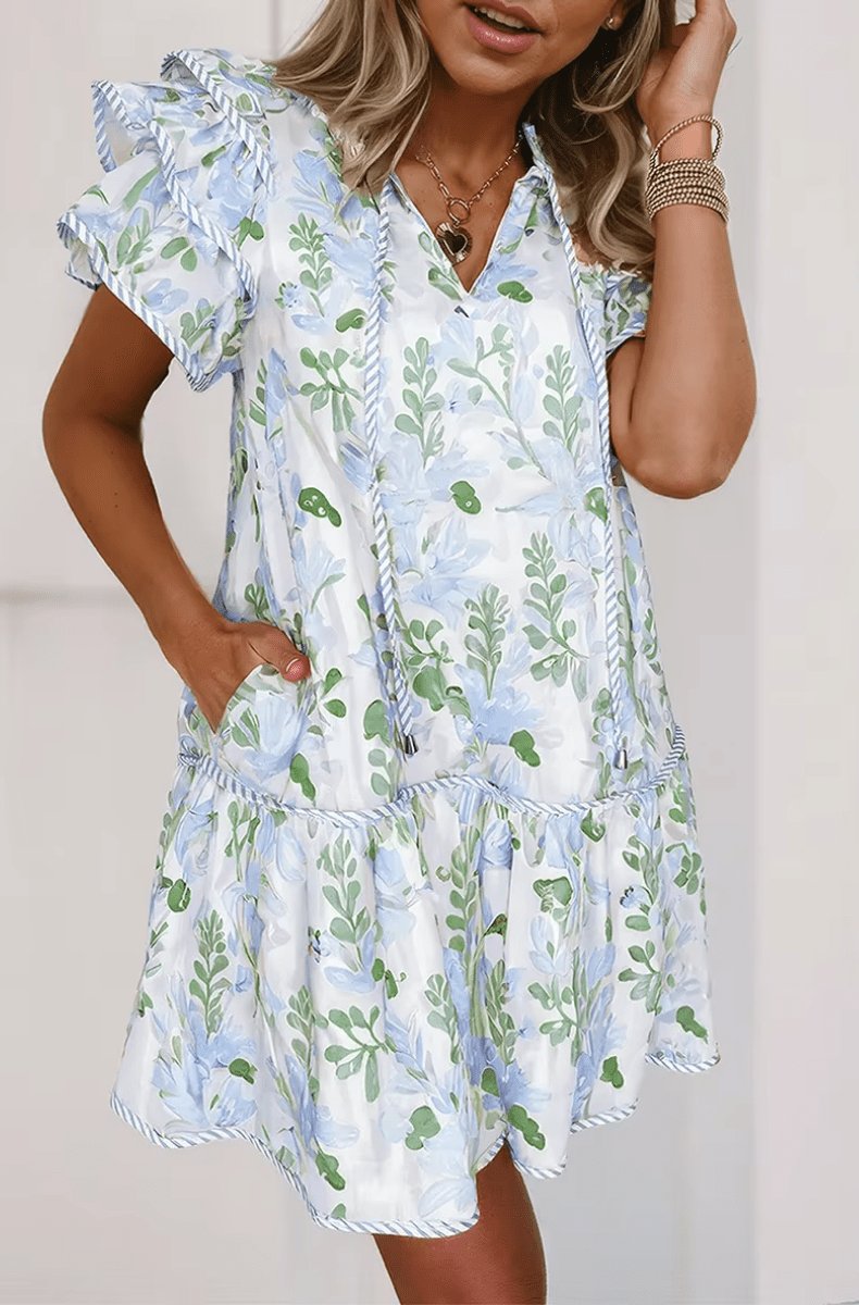 Damska sukienka mini w kwiaty z falbankami przy rękawach-Mini Dress-Olave