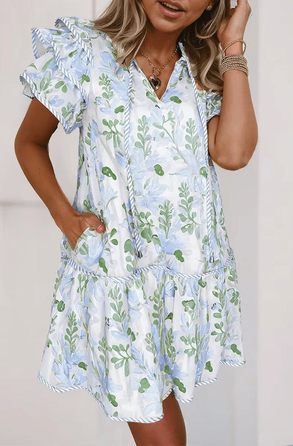 Damska sukienka mini w kwiaty z falbankami przy rękawach-Mini Dress-Olave