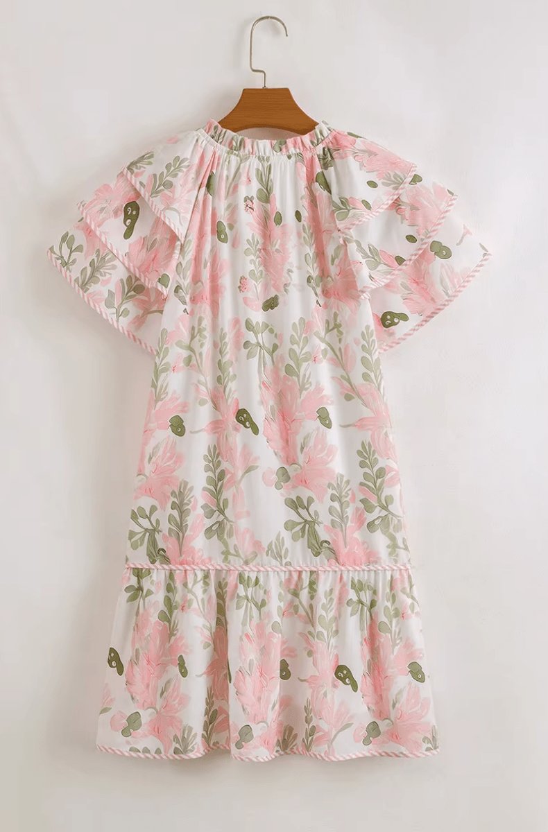 Damska sukienka mini w kwiaty z falbankami przy rękawach-Mini Dress-Olave
