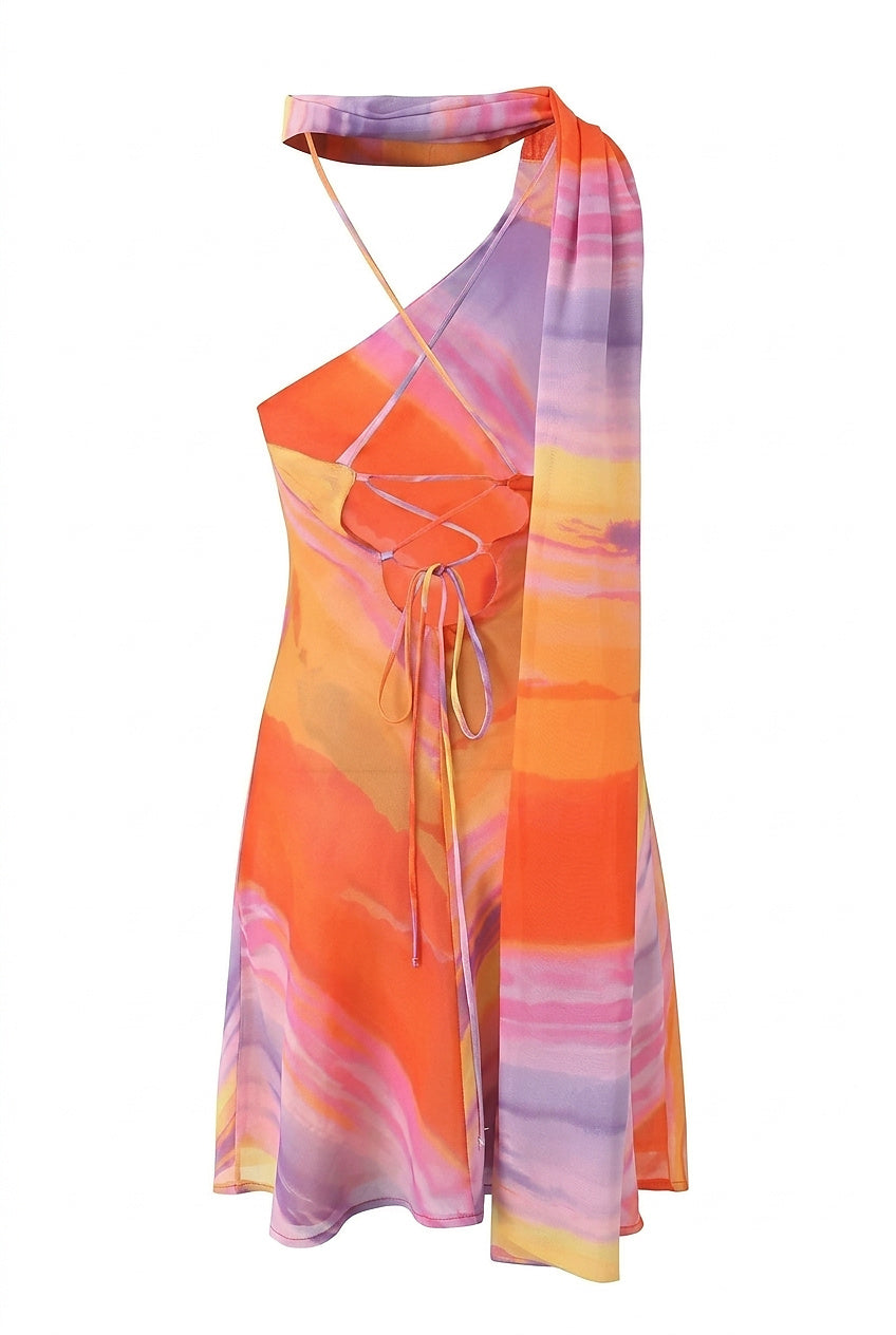 Damska sukienka mini z asymetrycznym dekoltem typu halter-Mini Dress-Olave