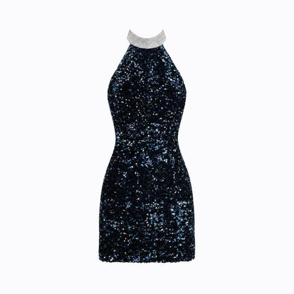 Damska sukienka mini z cekinami i dekoltem typu halter-Mini Dress-Olave