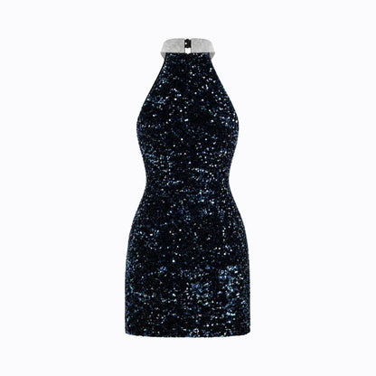 Damska sukienka mini z cekinami i dekoltem typu halter-Mini Dress-Olave