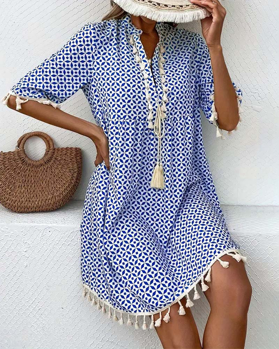 Damska sukienka mini z geometrycznym wzorem i chwostami-Mini Dress-Olave