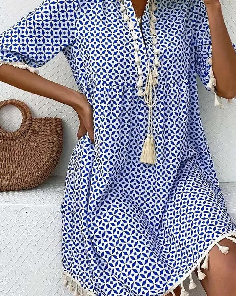 Damska sukienka mini z geometrycznym wzorem i chwostami-Mini Dress-Olave