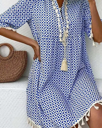 Damska sukienka mini z geometrycznym wzorem i chwostami-Mini Dress-Olave