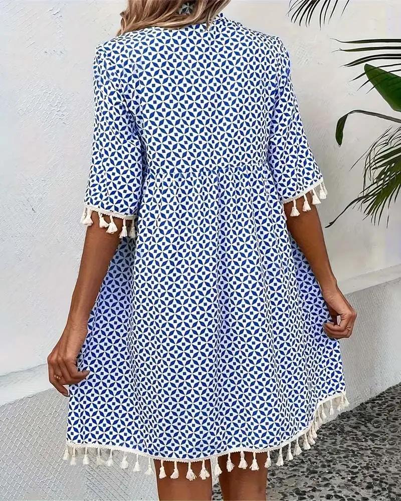 Damska sukienka mini z geometrycznym wzorem i chwostami-Mini Dress-Olave