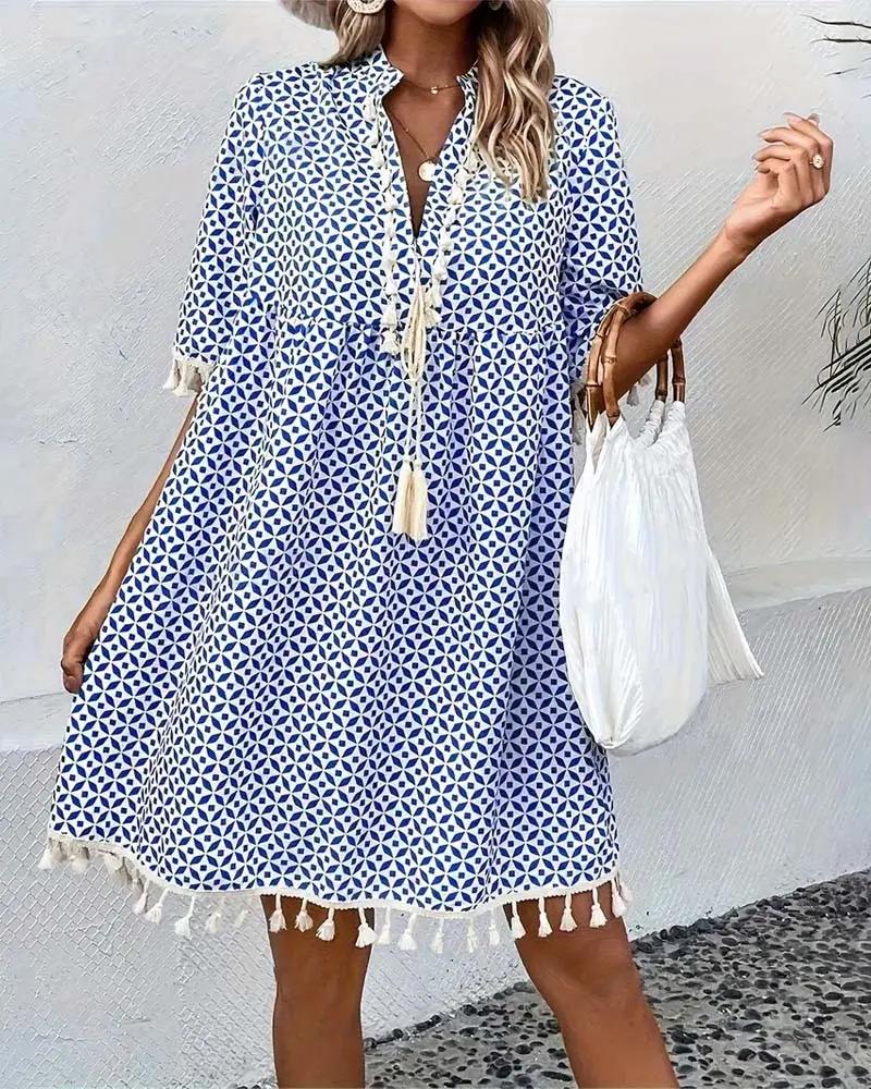 Damska sukienka mini z geometrycznym wzorem i chwostami-Mini Dress-Olave