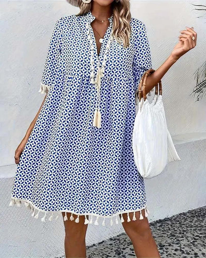 Damska sukienka mini z geometrycznym wzorem i chwostami-Mini Dress-Olave